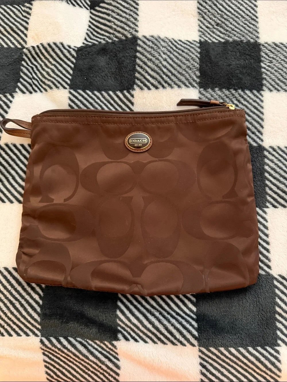 Coach Brown Nylon Signature Zip Cosmetic Pouch